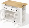 A white kitchen island with a wooden countertop, shown from a slightly elevated angle with doors and drawers open. Náhled obrázku produktu