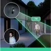 An outdoor security camera system is shown in a nighttime setting, with green lines indicating its detection range and two inset images showing the camera and a person. Podgląd zdjęcia produktu