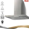 A stainless steel range hood is shown against a white background, with various icons and text detailing its features. Produktbild-Vorschau