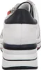 A rear view of a white sneaker with a navy blue accent and a red detail on the zipper. Produktbild-Vorschau