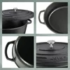 A collage of four close-up images of a black cast iron pot with a silver lid handle. Náhled obrázku produktu