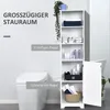 A tall, white bathroom cabinet is shown next to a toilet, with various bathroom items on its shelves and inside its open compartment. Text overlays highlight storage space and shelf features. Produktbild-Vorschau