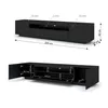 Two views of a black TV stand with dimensions indicated. Náhled obrázku produktu