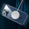 A clear phone case with a magnetic charging ring attached to it, against a dark, abstract background. Náhled obrázku produktu