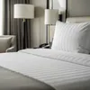 A close-up view of a neatly made hotel bed with white striped bedding and a pillow. Produktbild-Vorschau
