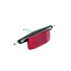 A close-up studio shot of a red bicycle reflector with a black mounting bracket, isolated on a white background. Produktbild-Vorschau