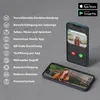 A smartphone displaying a video call interface, with a list of product features and app store download links. Produktbild-Vorschau