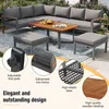 An outdoor sectional sofa set with a coffee table and ottomans on a patio with plants in the background. Insets highlight product features. Voir les images du produit