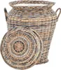 A round wicker laundry basket with a lid and liner, shown on a white background. Produktbild-Vorschau