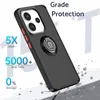 A black phone case with a ring holder is shown at an angle, with promotional text and graphics in the background. Produktbild-Vorschau