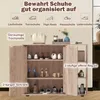 A shoe cabinet with various types of shoes displayed on its shelves and top surface, along with decorative items. Produktbild-Vorschau
