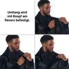 A collage of four images showing a man wearing a black costume, with one image containing text. Produktbild-Vorschau