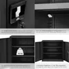 A collage of four images showing different features of a black metal cabinet. Produktbild-Vorschau