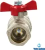 A close-up studio shot of a brass ball valve with a red butterfly handle. Produktbild-Vorschau