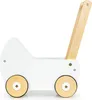 A side view of a white wooden toy doll stroller on a white background. Produktbild-Vorschau