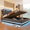 A modern bedroom with a hydraulic storage bed, open to reveal storage space, with ambient LED lighting. Podgląd zdjęcia produktu