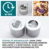 Collage of images showing a bioethanol fireplace burner, its components, and its operation. Produktbild-Vorschau