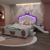 A child's bedroom with a themed bed, featuring a slide and LED lighting. Podgląd zdjęcia produktu