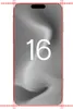 A render of an iPhone with the number 16 displayed on the screen, surrounded by dashed red lines indicating dimensions. Produktbild-Vorschau