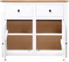 A white sideboard with a wooden top, showing its open interior with shelves and doors. Podgląd zdjęcia produktu