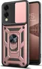 A rose gold armor phone case with a camera cover and ring stand is shown next to a smartphone displaying the date and time. Produktbild-Vorschau