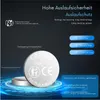 A close-up marketing image of a CR2032 battery with accompanying text highlighting its features and benefits. Produktbild-Vorschau