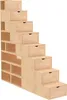 A light wood-colored modular shelving unit designed in a staircase shape, with multiple drawers and open compartments. Produktbild-Vorschau