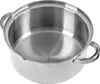 A close-up, high-angle view of an empty, stainless steel pot with two handles. Produktbild-Vorschau