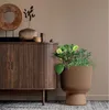 A plant in a brown pot sits next to a wooden cabinet. Produktbild-Vorschau