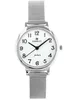 A close-up studio shot of a silver analog watch with a white face. Podgląd zdjęcia produktu
