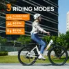 A woman rides an electric bike in a city setting, with promotional text highlighting riding modes. Produktbild-Vorschau