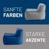 A split image showing two beanbag chairs in different colors, with text overlays describing color options. Produktbild-Vorschau
