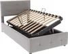 A grey upholstered bed frame with its slatted base lifted to reveal storage space underneath. Náhľad obrázku produktu