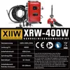 A red and black pipe cleaning machine with a coiled hose and accessories, presented with a technical specification table and safety information. Produktbild-Vorschau