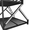 Close-up view of a black metal bunk bed frame, showing the ladder and support structure. Podgląd zdjęcia produktu