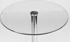 A close-up view of a round glass tabletop supported by a chrome-plated metal pedestal. Produktbild-Vorschau