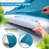 A close-up of hands demonstrating how to insert a pillow into a pillowcase, with text overlays explaining features. Produktbild-Vorschau