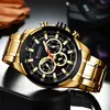 A close-up studio shot of a gold and black men's chronograph watch. Produktbild-Vorschau