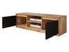 A wooden TV stand with two open black doors and two shelves inside, displaying electronic devices. Náhled obrázku produktu
