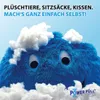 A fluffy blue monster-like character peeking out from behind clouds of stuffing, with text and a logo. Produktbild-Vorschau