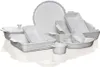 A collection of white ceramic bakeware and serving dishes arranged on a white surface. Produktbild-Vorschau