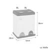 A white dual-compartment trash can with dimensions and capacity indicated. Produktbild-Vorschau