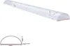 A clear product shot of a semi-circular acrylic strip with water droplet patterns, accompanied by a technical diagram showing dimensions. Voir les images du produit