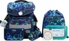 A set of school supplies including a backpack, a drawstring bag, a pencil case, and a lunchbox, all with a lightning bolt pattern. Podgląd zdjęcia produktu