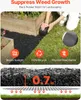 A person is shown applying black rubber mulch around a raised garden bed. The image also includes icons and text highlighting the product's features. Produktbild-Vorschau