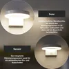 Collage of images showing a solar wall light with text describing its features. Produktbild-Vorschau