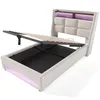 A beige upholstered bed frame with the mattress support lifted to reveal storage space. LED lights are visible under the bed and behind the headboard. Náhled obrázku produktu