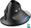 A black ergonomic vertical mouse with a blue LED light strip and a USB receiver. Produktbild-Vorschau