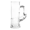 A clear glass beer mug with a handle shaped like a flexed bicep, isolated on a white background. Produktbild-Vorschau