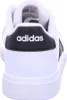 The back view of a white Adidas sneaker with black accents. Voir les images du produit